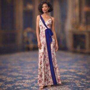 Lauren Ralph Lauren Floral Maxi Dress Blue Sash Tie Size 2 NWT